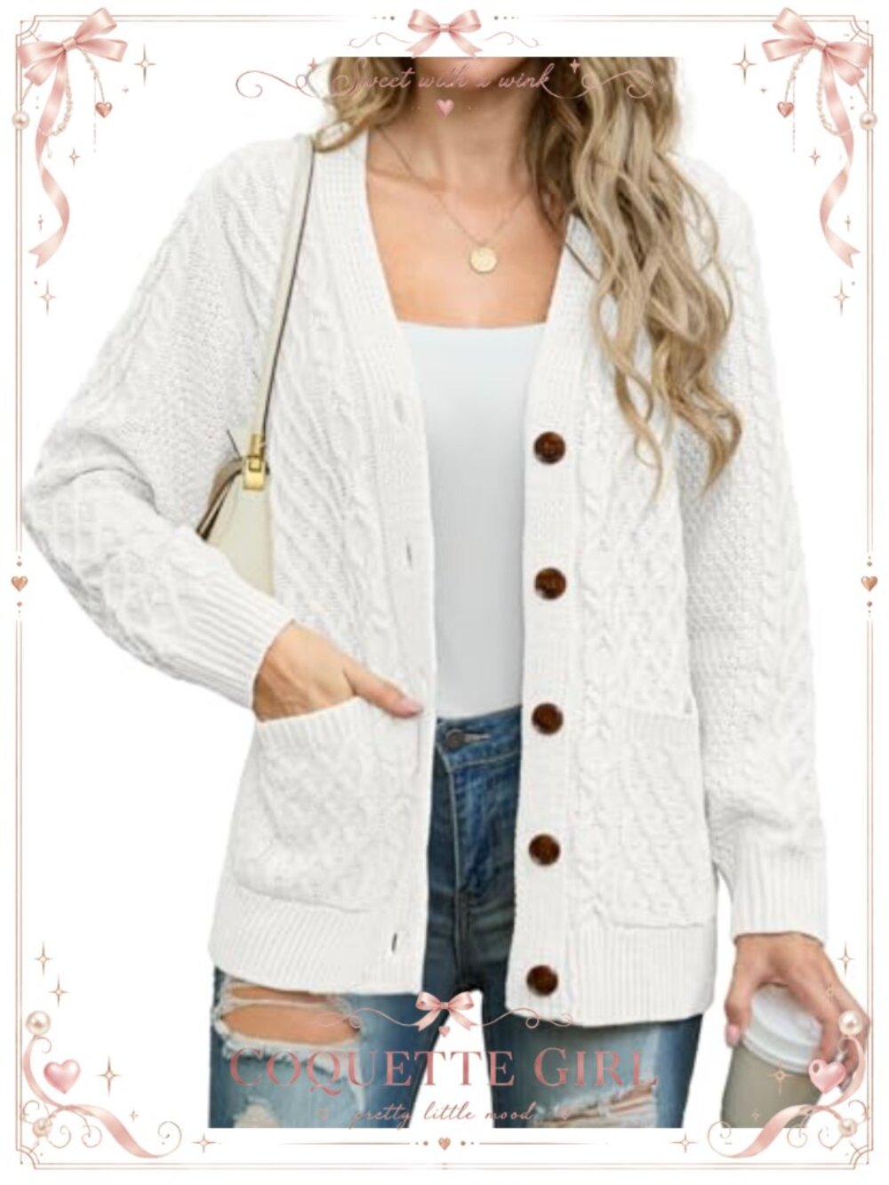 Cable Knit Cardigan Button Down Loose Fit Long Sleeve with Pockets
